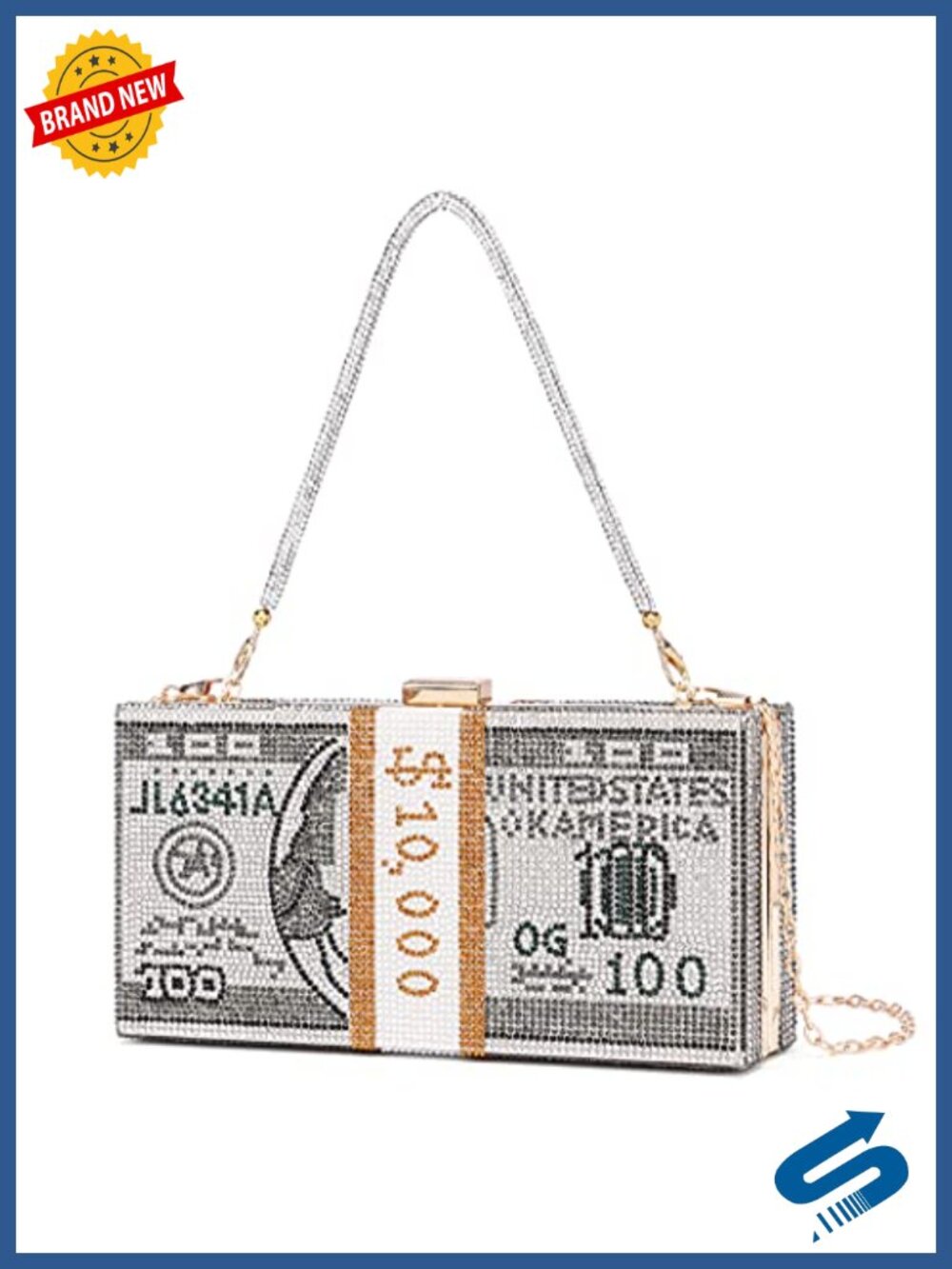 Faux Leather Rhinestone Evening Clutch Purse with Chain